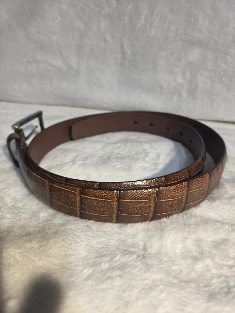 Croc-Embossed Brown Italian Calfskin Leather Men’s Belt with Silver Buckle